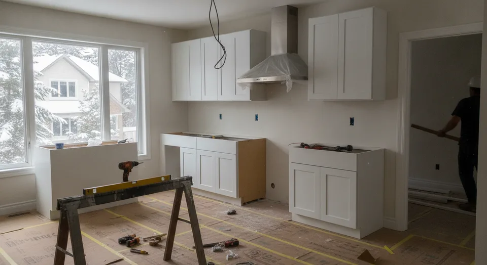Kitchen renovation under way in a Waterloo home with new cabinets set and the range hood being installed